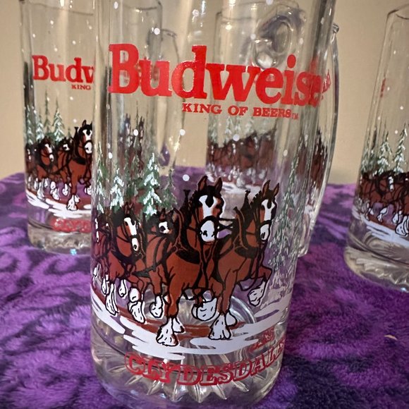 4 VINTAGE 1988 BUDWEISER CLYDESDALES HOLIDAY 12OZ BEER MUGS - Picture 2 of 4